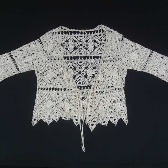 CROCHET 3/4 SLEEVE OPEN FRONT WOMENS BLOUSE OFF WHITE MEDIUM L239 - Picture 2 of 7
